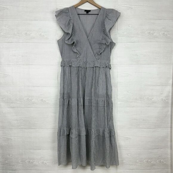 J. Crew Ruffle Sleeve Cotton Voile Midi Dress Size L Striped Gray V Neck Cottage - Picture 15 of 16